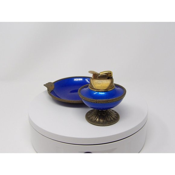 Evans Elegance Blue Enamel & Brass Guilloche Pedestal Table Lighter & Ashtray - Picture 7 of 10